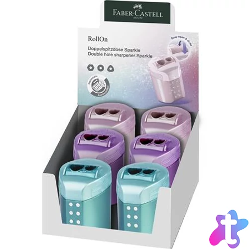 Hegyező, kétlyukú, tartályos, display, FABER-CASTELL "RollOn Sparkle", metál színek