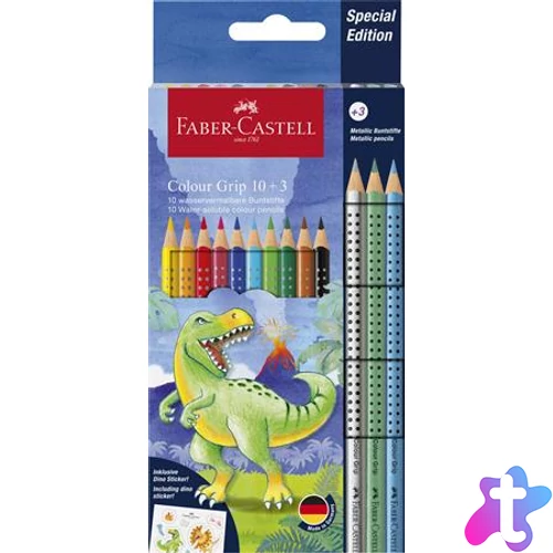 Színes ceruza készlet, háromszögletű, FABER-CASTELL "Grip Dinoszaurusz" 10+3 különböző szín