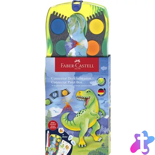 Vízfesték, 12 darabos, összeilleszthető, FABER-CASTELL "Dinoszaurusz"+1 tubus fehér tempera + dinoszaurusz matrica
