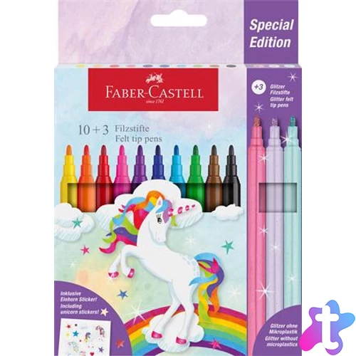 Filctoll készlet, FABER-CASTELL "Unikornis" 10 különböző szín + 3 csillámos