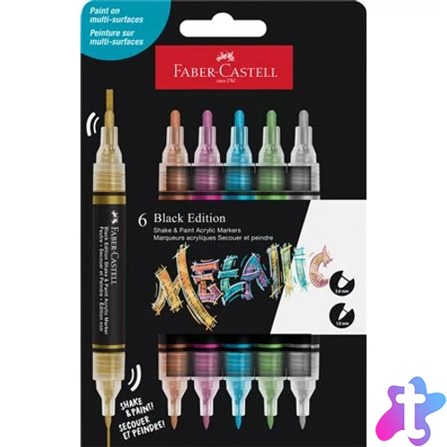Dekormarker készlet, 1,0/3,0 mm, kétvégű, akril, FABER-CASTELL "Shake&Paint", 6 különböző metál szín
