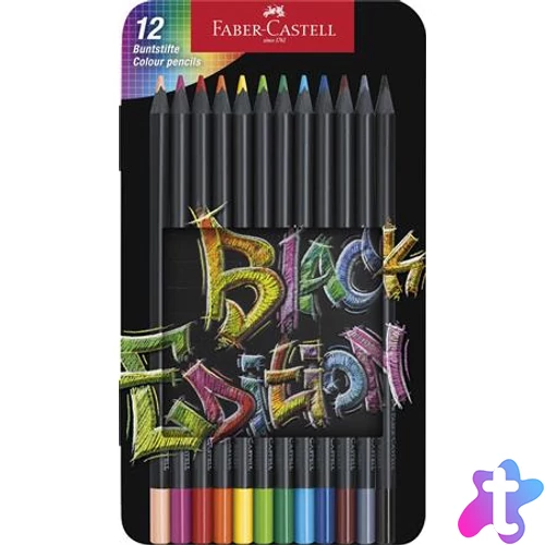 Színes ceruza készlet, háromszögletű, fémdobozban, FABER-CASTELL "Black Edition",  12 különböző szín
