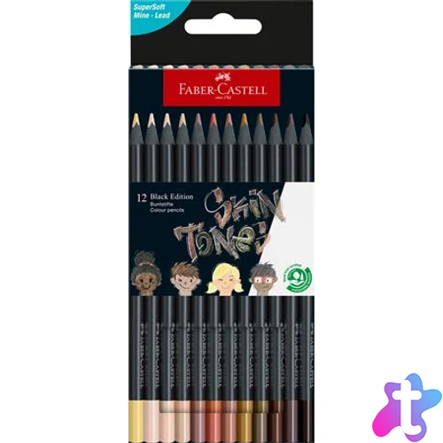 Színes ceruza készlet, háromszögletű, FABER-CASTELL "Black Edition",  12 különböző bőrszín