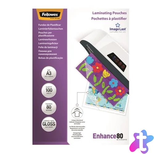 Meleglamináló fólia, 80 mikron, A3, fényes, 100 db, FELLOWES