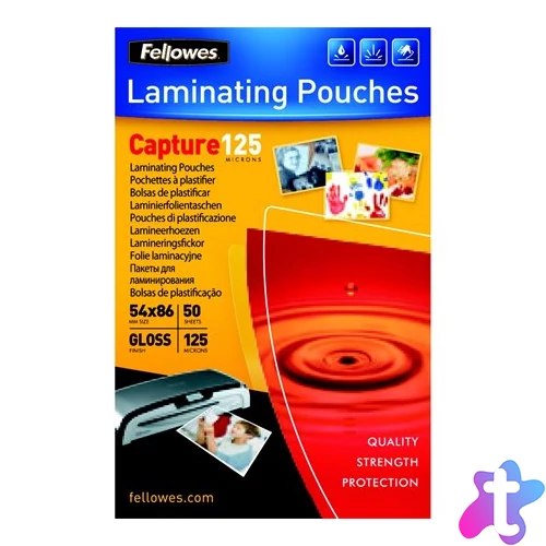 Meleglamináló fólia, 125 mikron, 54x86 mm, fényes, 50 db, FELLOWES