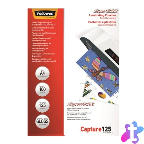 Meleglamináló fólia, 125 mikron, A4, SuperQuick, fényes, 100 db, FELLOWES