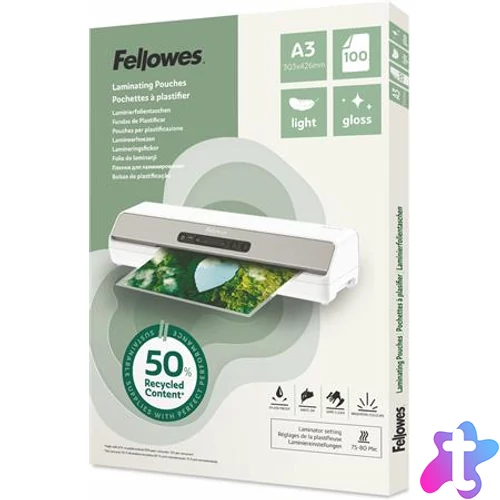 Meleglamináló fólia, 80 mikron, A3, fényes, 100 db, FELLOWES "Light"
