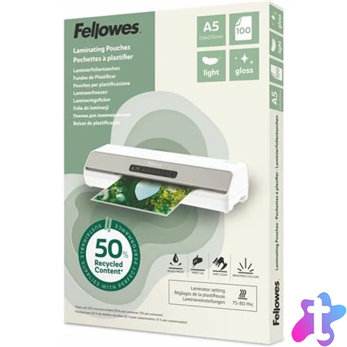 Meleglamináló fólia, 80 mikron, A5, fényes, 100 db, FELLOWES "Light"