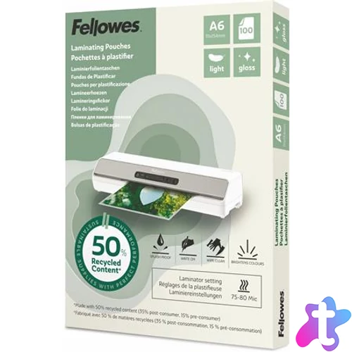 Meleglamináló fólia, 80 mikron, A6, fényes, 100 db, FELLOWES "Light"