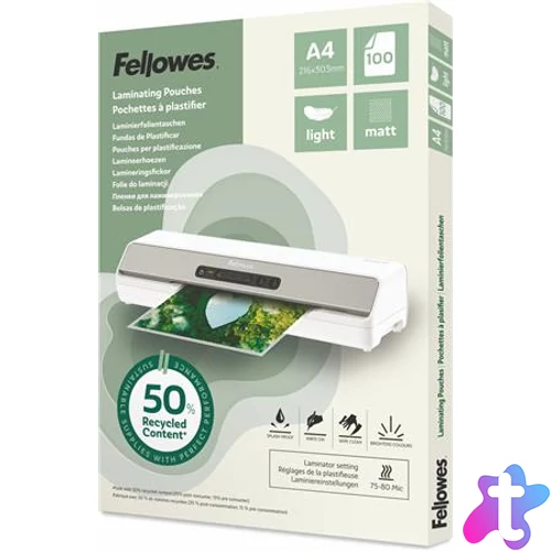 Meleglamináló fólia, 80 mikron, A4, matt, 100 db, FELLOWES "Light"