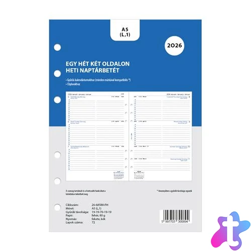 Kalendárium betét, tervező, heti, A5 (L), FILOFAX, 2026