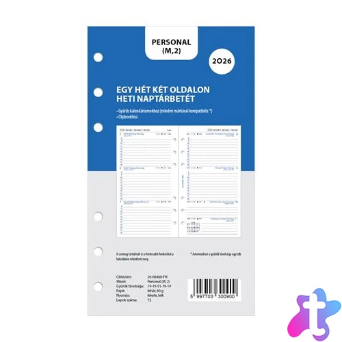 Kalendárium betét, tervező, heti, personal (M) méret, FILOFAX, 2027