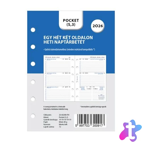 Kalendárium betét, tervező, heti, pocket (S) méret, FILOFAX, 2027