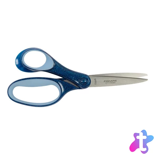 Olló, iskolai, 18 cm, balkezes, FISKARS, csillámos kék