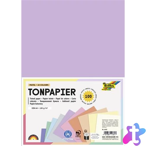 Színes papír, A4, 130 g, 10x10 lap, FOLIA, „Pastel”, vegyes színek