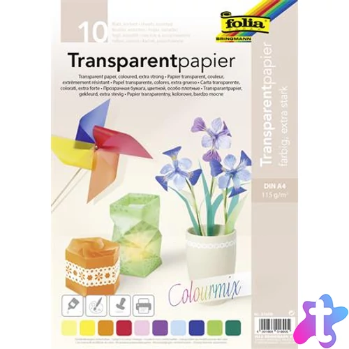 Transzparens papír, A4, 115 g, 10 lap, FOLIA, vegyes színek