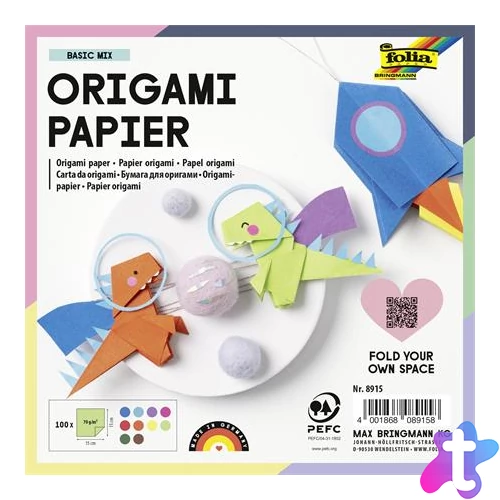 Origami papír, 15x15 cm, 70 g, 100 lap, FOLIA, vegyes színek