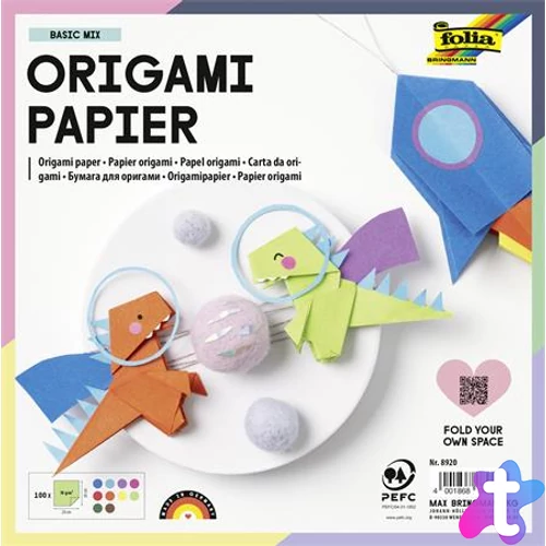 Origami papír, 20x20 cm, 70 g, 100 lap, FOLIA, vegyes színek