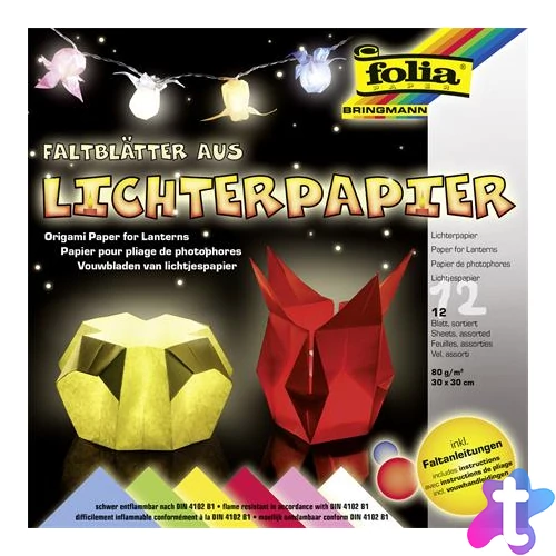Origami papír, lámpáshoz, 30x30 cm, 80 g, 12 lap, FOLIA, vegyes színek