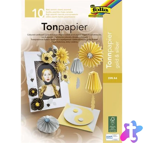 Színes papír tömb, A4, 130 g, 10 lap, FOLIA, arany-ezüst