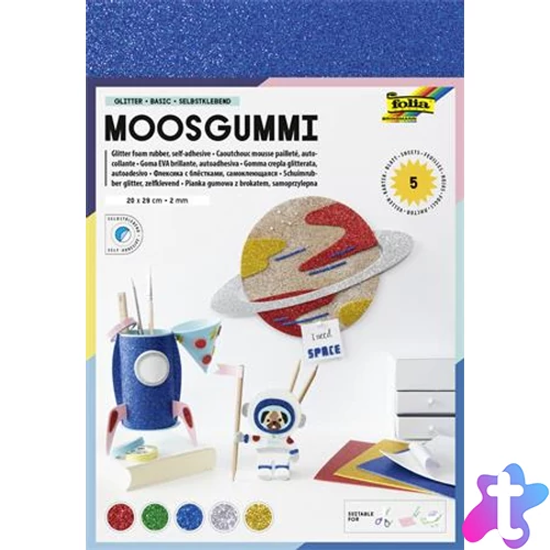 Moosgumi, öntapadó, csillámos, 20x29 cm, 5 lap, FOLIA "Basic", 5 különböző szín