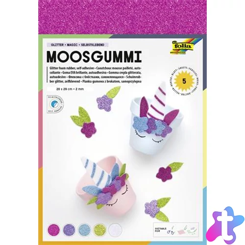 Moosgumi, öntapadó, csillámos, 20x29 cm, 5 lap, FOLIA "Magic", 5 különböző szín