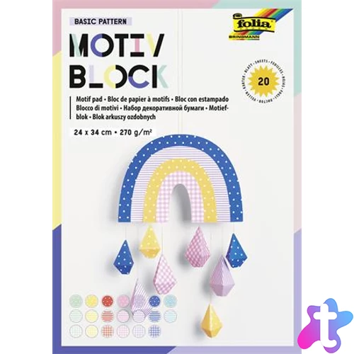 Dekorkarton, 2 oldalas, 24x34 cm, 270 g, 20 lap, FOLIA "Basic Rainbow", 20 különböző minta