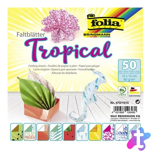 Origami papír, 15x15 cm, 80 g, 50 lap, FOLIA "Tropical", 10 különböző minta