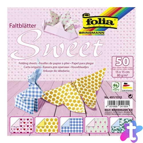 Origami papír, 15x15 cm, 80 g, 50 lap, FOLIA "Sweet", 5 különböző minta