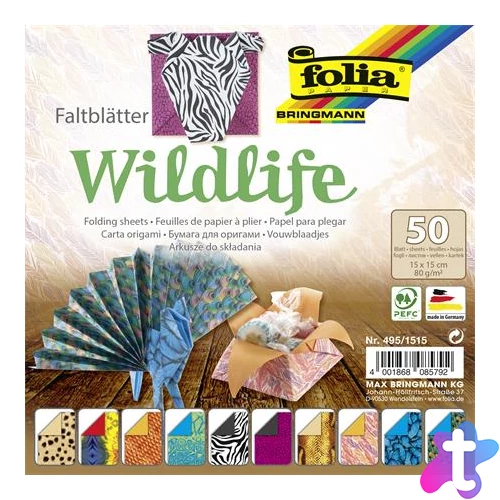 Origami papír, 15x15 cm, 80 g, 50 lap, FOLIA "Wildlife", 10 különböző minta