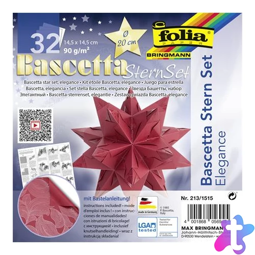 Bascetta csillag készlet, 14,5x14,5 cm, 90 g, 32 lap, FOLIA, piros-dzsungel