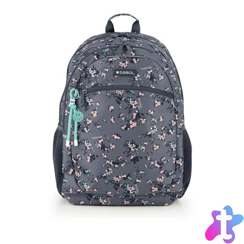 Hátizsák, iskolatáska, cipzáras, GABOL "Secret", szürke, virágmintás