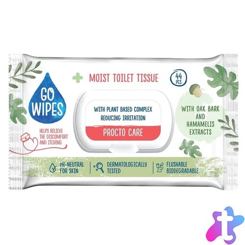 Toalettpapír, nedves, visszazárható tetővel, 44 db, GO WIPES "Procto Care"