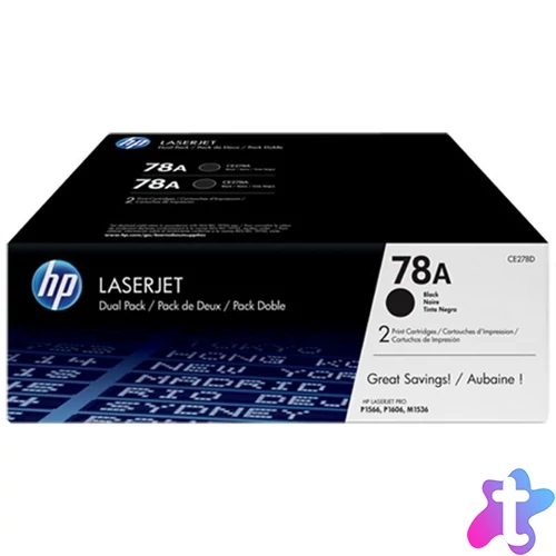 CE278AD Lézertoner LaserJet P1566, P1606 nyomtatókhoz, HP 78A, fekete, 2*2,1k