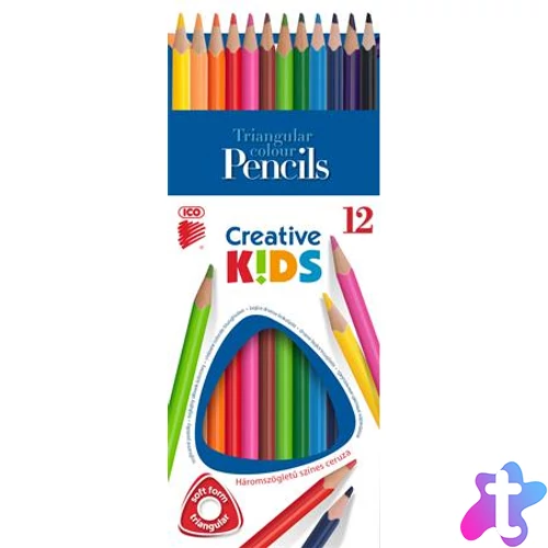 Színes ceruza készlet, háromszögletű, ICO "Creative kids", 12 különböző szín