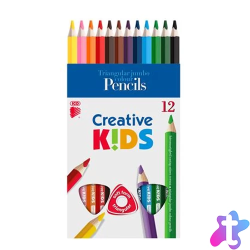 Színes ceruza készlet, háromszögletű, vastag, ICO "Creative kids", 12 különböző szín