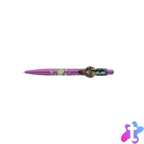 Golyóstoll, 0,8 mm, nyomógombos, lila mintás tolltest, ICO "Halloween", kék