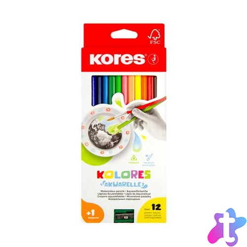 Akvarell ceruza készlet, hegyezővel, ecsettel, KORES, 12 különböző szín