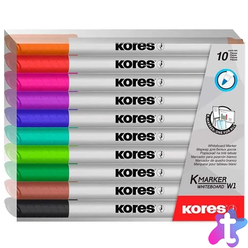 Tábla- és flipchart marker készlet, 1-3 mm kúpos, KORES "K-Marker W1", 10 különböző szín