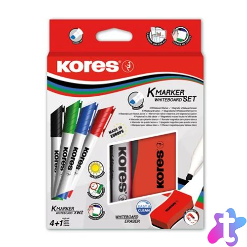 Tábla- és flipchart marker készlet mágneses táblatörlő szivaccsal, 3-5 mm, vágott, KORES "XW2", 4 különböző szín