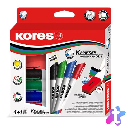 Tábla- és flipchart marker készlet mágneses táblatörlő szivaccsal, 3 mm, kúpos KORES "XW1", 4 különböző szín