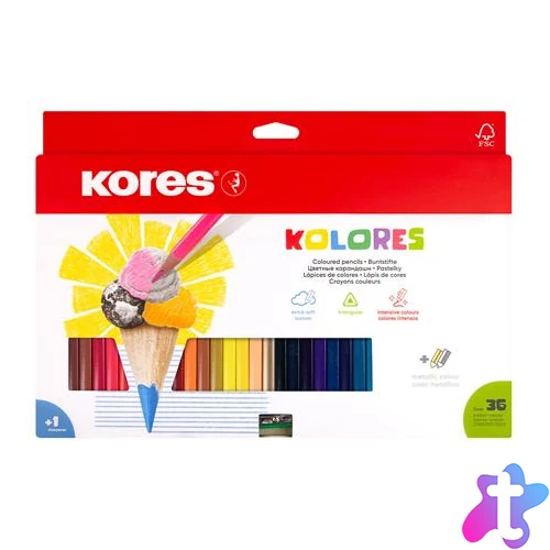 Színes ceruza készlet, háromszögletű, KORES "Triangular", 36 különböző szín