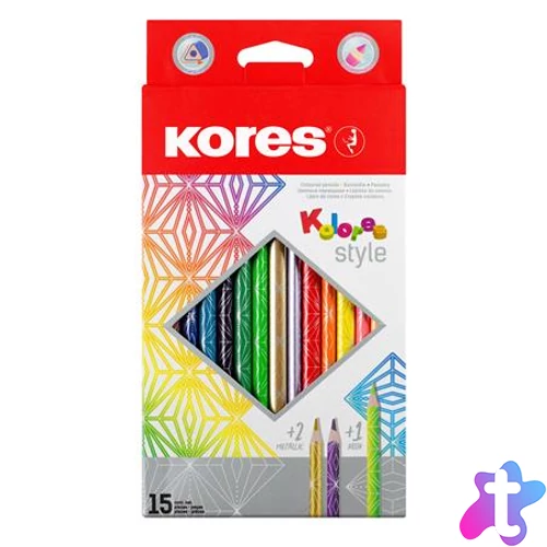Színes ceruza készlet, háromszögletű, KORES "Kolores Style", 15 különböző szín