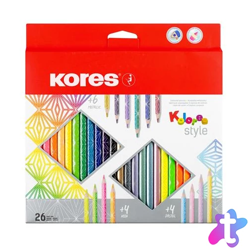 Színes ceruza készlet, háromszögletű, KORES "Kolores Style", 26 különböző szín