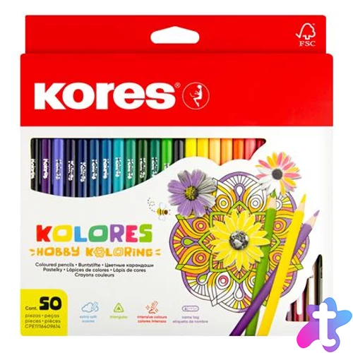 Színes ceruza készlet, háromszögletű, KORES "Triangular", 50 különböző szín