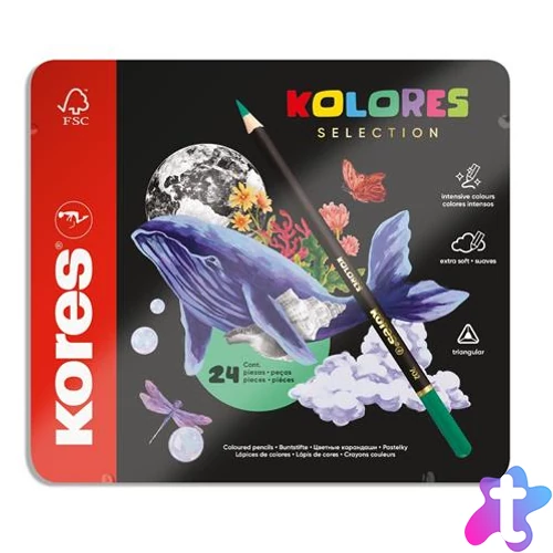 Színes ceruza készlet, háromszögletű, fém doboz, KORES "Kolores Selection", 24 különböző szín