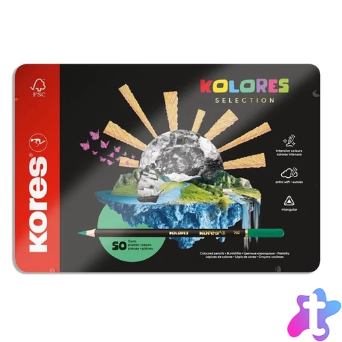 Színes ceruza készlet, háromszögletű, fém doboz, KORES "Kolores Selection", 50 különböző szín