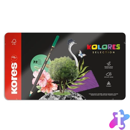 Színes ceruza készlet, háromszögletű, fém doboz, KORES "Kolores Selection", 72 különböző szín