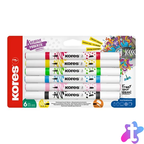 Dekormarker készlet, akril, 1-2 mm, kétvégű, KORES " K-Kreative", 6 különböző szín