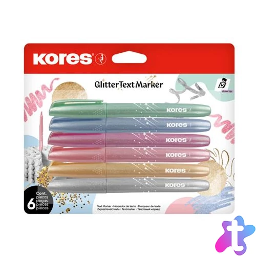 Szövegkiemelő készlet, 3-5 mm, KORES "Glitter", 6 különböző csillámos szín